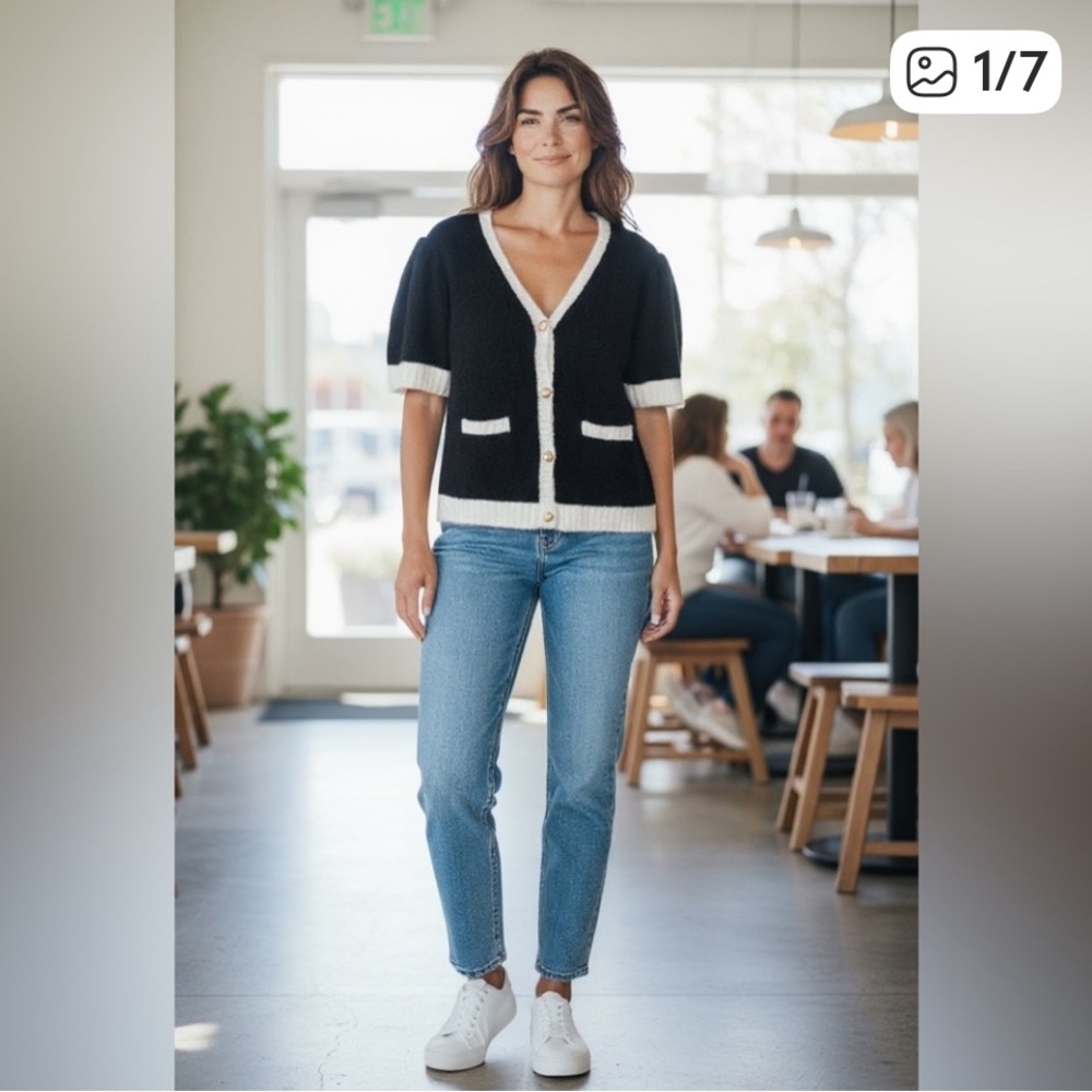 CeCe Black & White Puff Sleeve Cardigan XL NWT